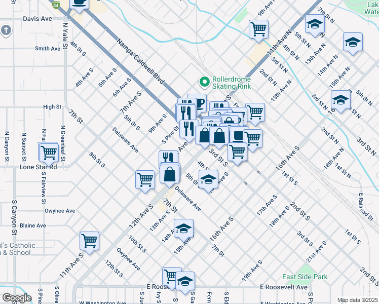 map of restaurants, bars, coffee shops, grocery stores, and more near 403 12th Avenue South in Nampa