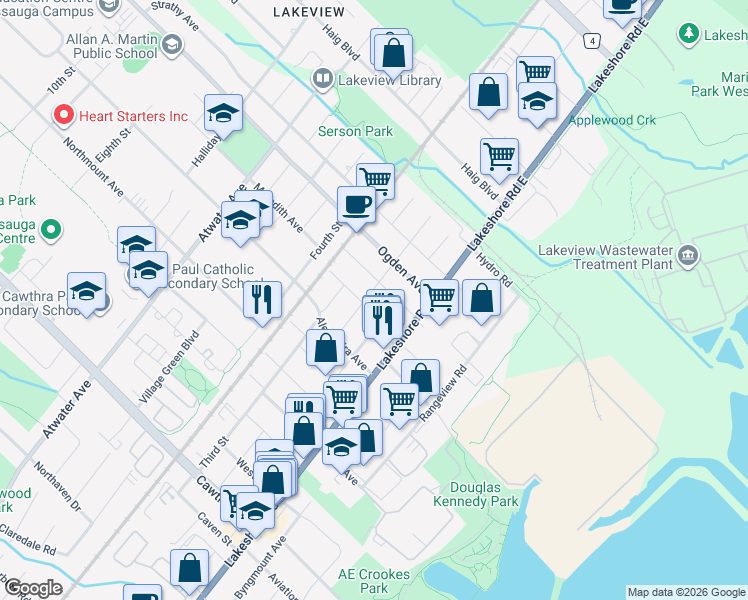 map of restaurants, bars, coffee shops, grocery stores, and more near Main Street in Mississauga
