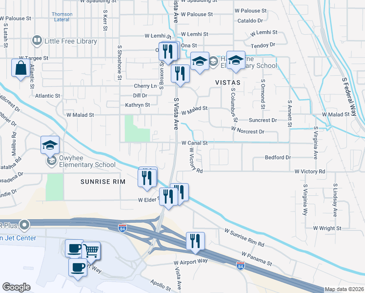 map of restaurants, bars, coffee shops, grocery stores, and more near 2822 South Vista Avenue in Boise