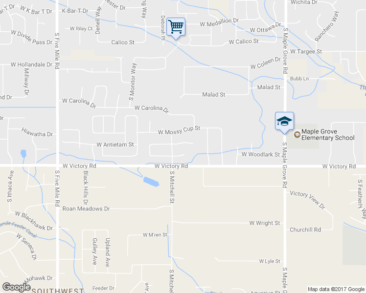 map of restaurants, bars, coffee shops, grocery stores, and more near 9693 West Geronimo Court in Boise
