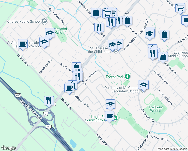 map of restaurants, bars, coffee shops, grocery stores, and more near 3824 Craighurst Avenue in Mississauga