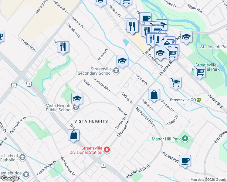 map of restaurants, bars, coffee shops, grocery stores, and more near 137 Bonham Boulevard in Mississauga