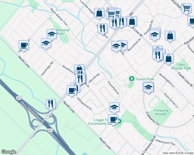 map of restaurants, bars, coffee shops, grocery stores, and more near 3824 Allcroft Road in Mississauga