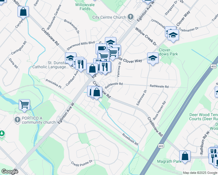 map of restaurants, bars, coffee shops, grocery stores, and more near 4950 Rathkeale Road in Mississauga
