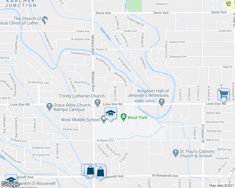 map of restaurants, bars, coffee shops, grocery stores, and more near 14 North Adams Street in Nampa