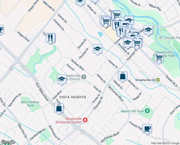 map of restaurants, bars, coffee shops, grocery stores, and more near 118 Bonham Boulevard in Mississauga