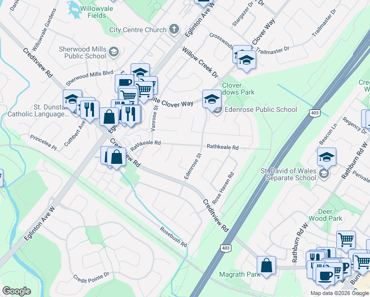 map of restaurants, bars, coffee shops, grocery stores, and more near 4810 Rathkeale Road in Mississauga