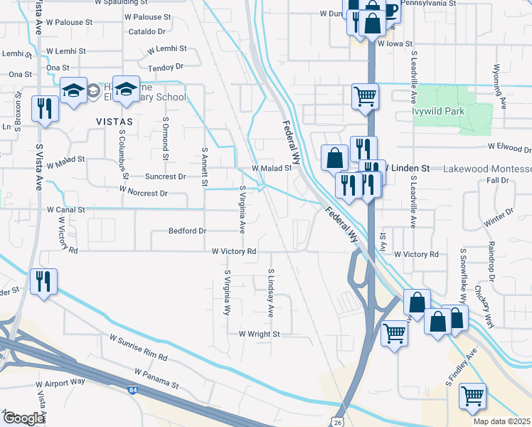 map of restaurants, bars, coffee shops, grocery stores, and more near 1525 Marilyn Circle in Boise