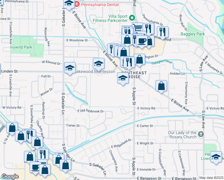 map of restaurants, bars, coffee shops, grocery stores, and more near 401 East Linden Street in Boise