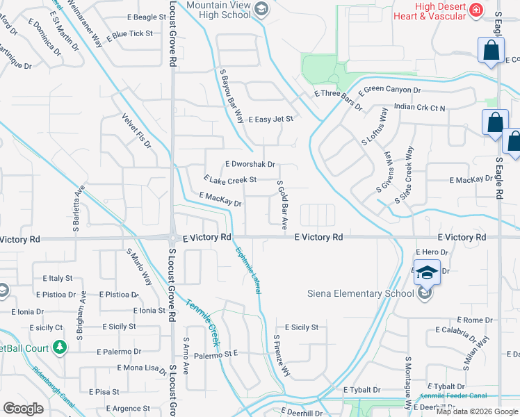 map of restaurants, bars, coffee shops, grocery stores, and more near 2092 East Powder River Drive in Meridian