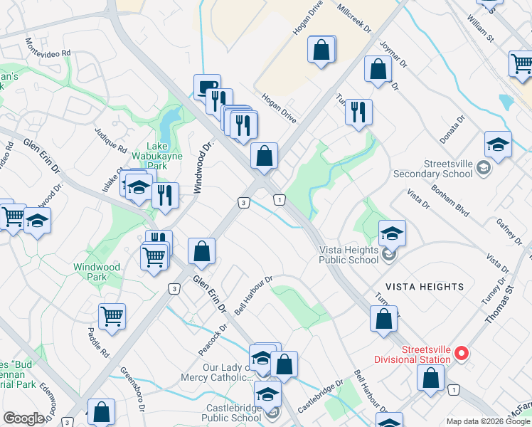 map of restaurants, bars, coffee shops, grocery stores, and more near 5955 Leeside Crescent in Mississauga