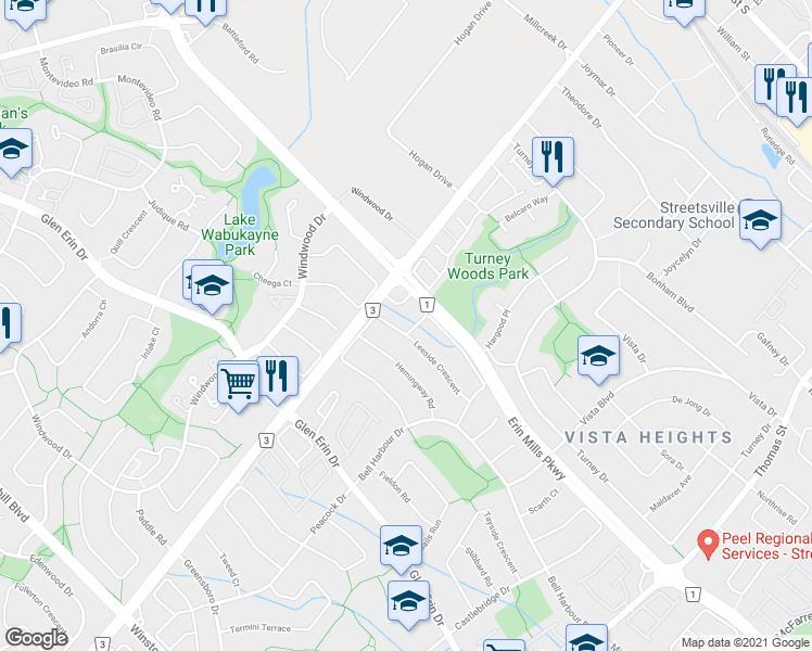 map of restaurants, bars, coffee shops, grocery stores, and more near 5955 Leeside Crescent in Mississauga