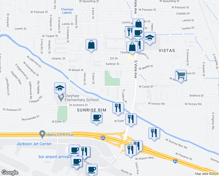 map of restaurants, bars, coffee shops, grocery stores, and more near 2867 South Abbs Lane in Boise