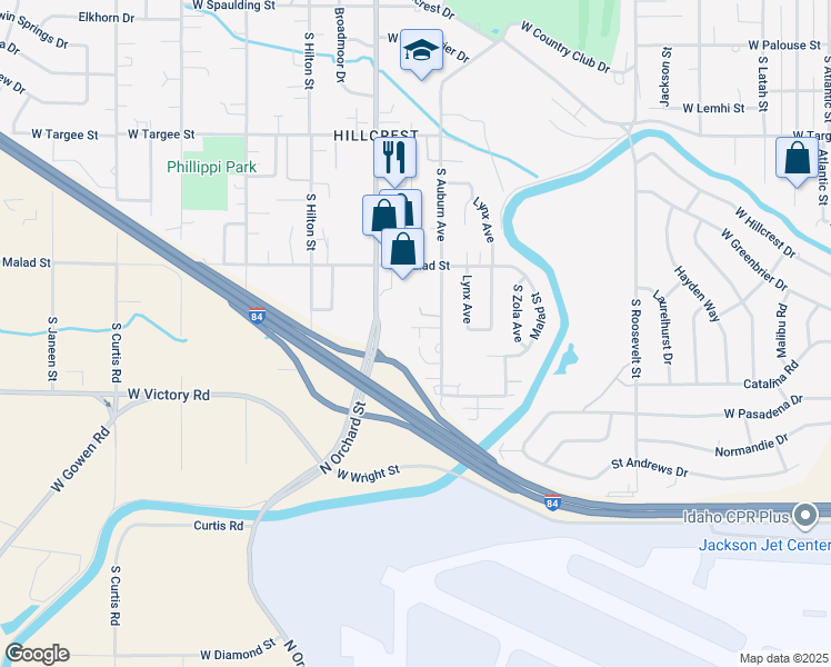 map of restaurants, bars, coffee shops, grocery stores, and more near 2816 South Orchard Street in Boise