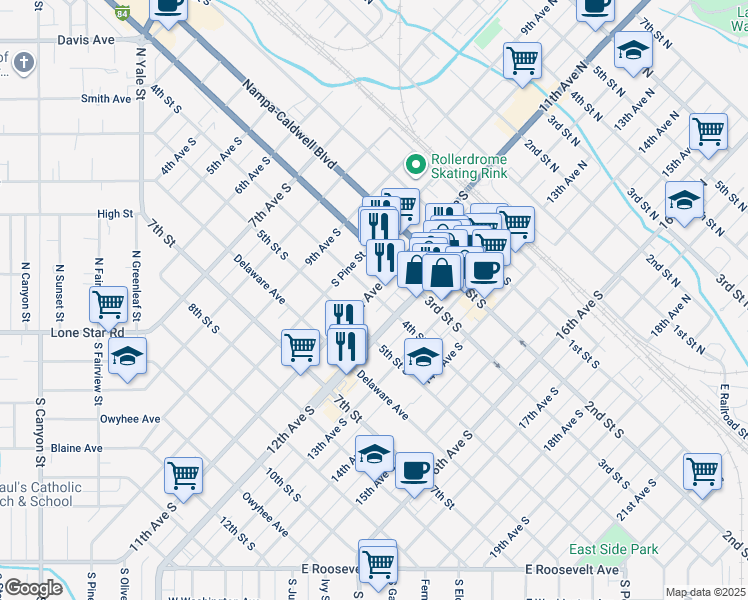 map of restaurants, bars, coffee shops, grocery stores, and more near 403 12th Avenue South in Nampa