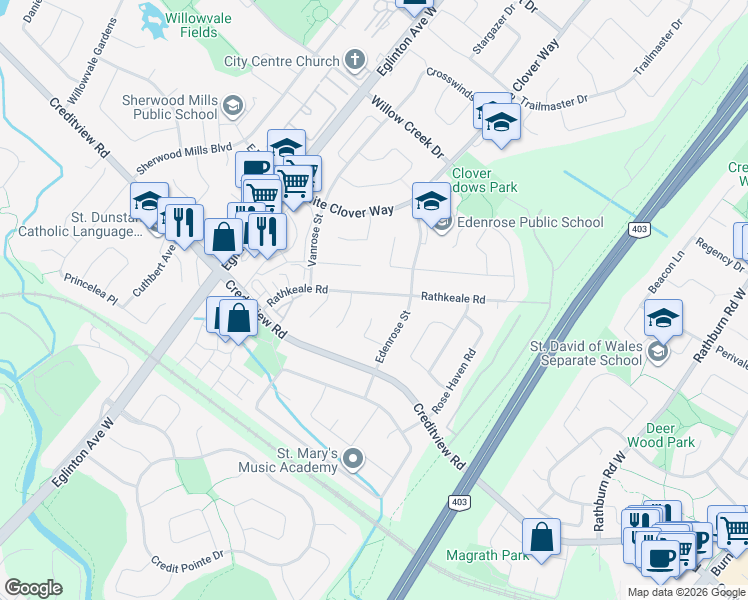 map of restaurants, bars, coffee shops, grocery stores, and more near 1438 Royal Rose Court in Mississauga