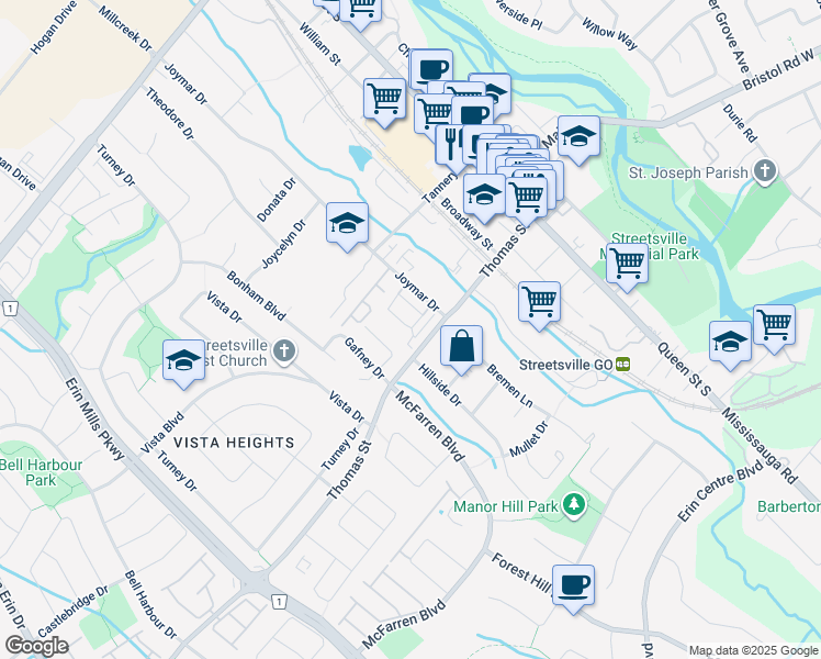 map of restaurants, bars, coffee shops, grocery stores, and more near in Mississauga