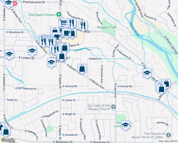 map of restaurants, bars, coffee shops, grocery stores, and more near 1211 East Spinnaker Court in Boise