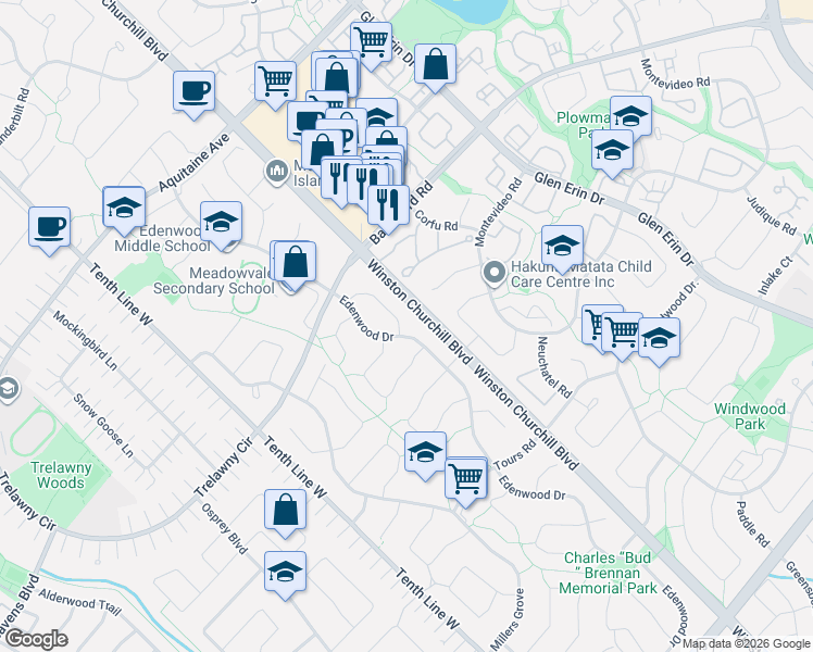 map of restaurants, bars, coffee shops, grocery stores, and more near 6455 Tisler Crescent in Mississauga