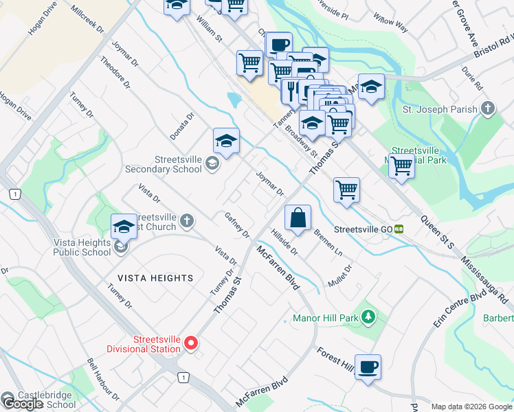map of restaurants, bars, coffee shops, grocery stores, and more near 30 Lunar Crescent in Mississauga