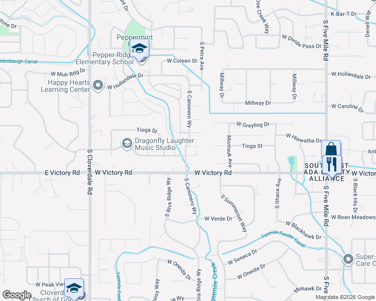 map of restaurants, bars, coffee shops, grocery stores, and more near 2922 South Canonero Way in Boise