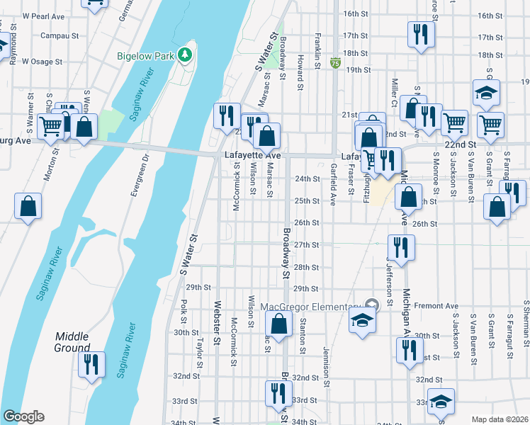 map of restaurants, bars, coffee shops, grocery stores, and more near 406 26th Street in Bay City