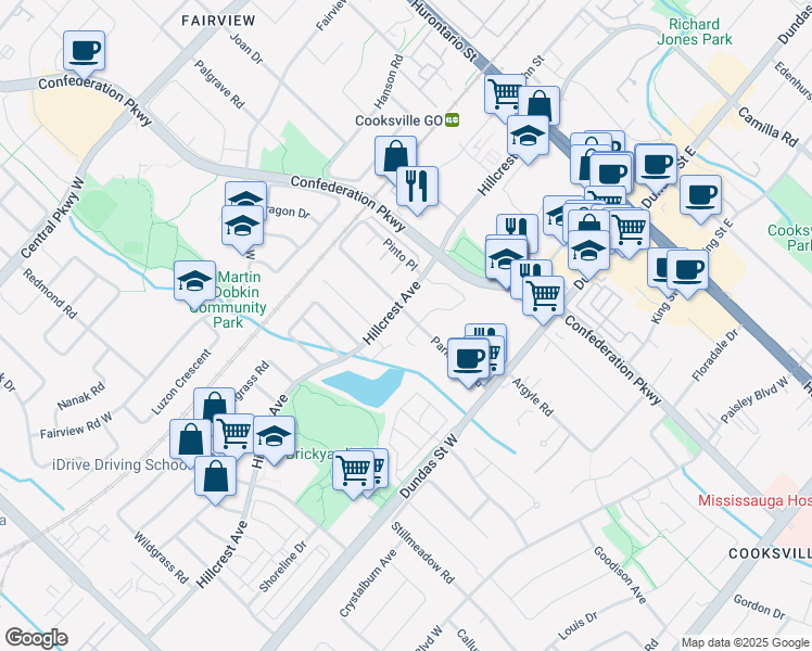 map of restaurants, bars, coffee shops, grocery stores, and more near 3108 Parkerhill Road in Mississauga