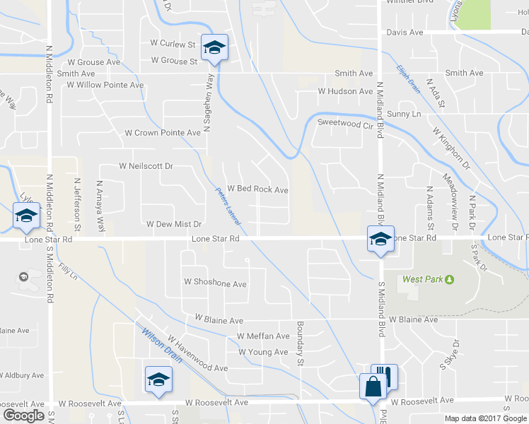 map of restaurants, bars, coffee shops, grocery stores, and more near 1521 West Crystal Falls Avenue in Nampa