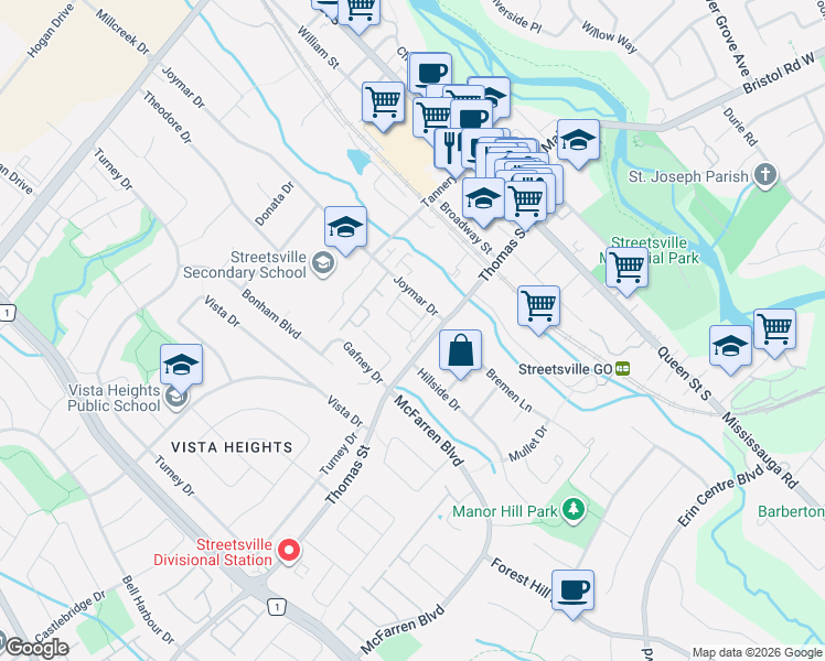 map of restaurants, bars, coffee shops, grocery stores, and more near 26 Lunar Crescent in Mississauga
