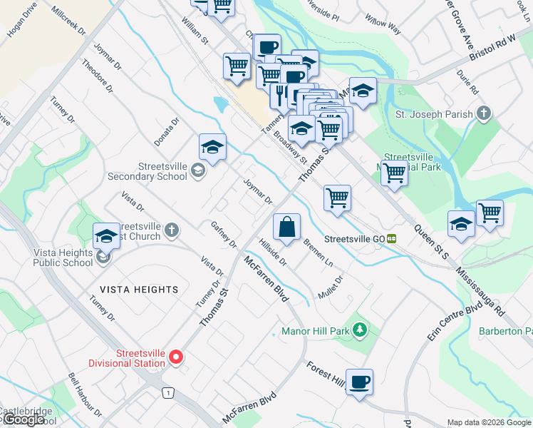 map of restaurants, bars, coffee shops, grocery stores, and more near 74A Thomas Street in Mississauga