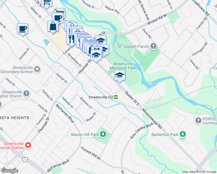 map of restaurants, bars, coffee shops, grocery stores, and more near 336 Queen Street South in Mississauga