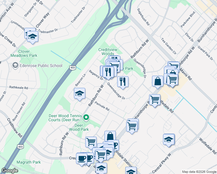 map of restaurants, bars, coffee shops, grocery stores, and more near 1004 Queensbridge Drive in Mississauga