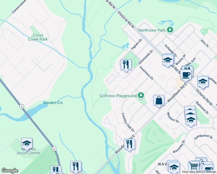 map of restaurants, bars, coffee shops, grocery stores, and more near 19 Simmonds Drive in Guelph