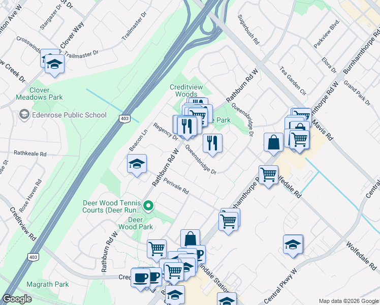 map of restaurants, bars, coffee shops, grocery stores, and more near 1004 Queensbridge Drive in Mississauga
