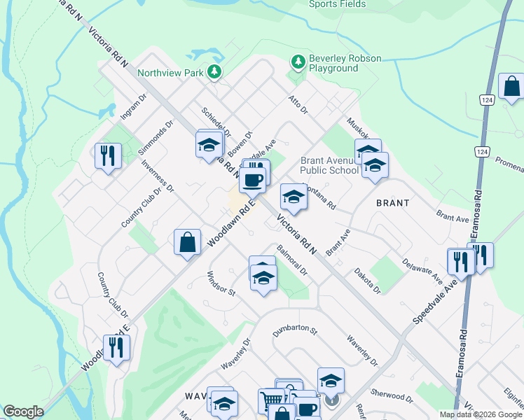 map of restaurants, bars, coffee shops, grocery stores, and more near 444 Victoria Road North in Guelph