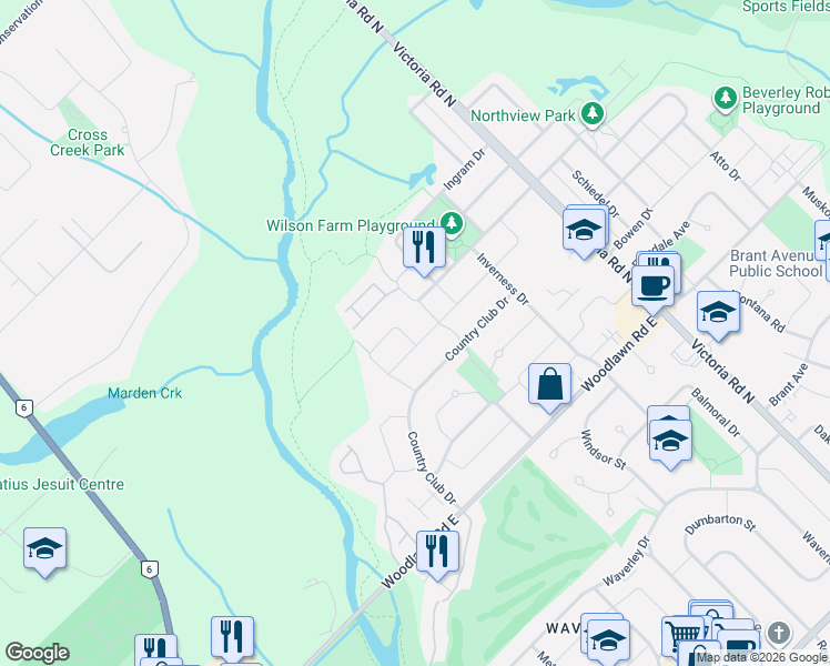 map of restaurants, bars, coffee shops, grocery stores, and more near 9 Wilton Road in Guelph