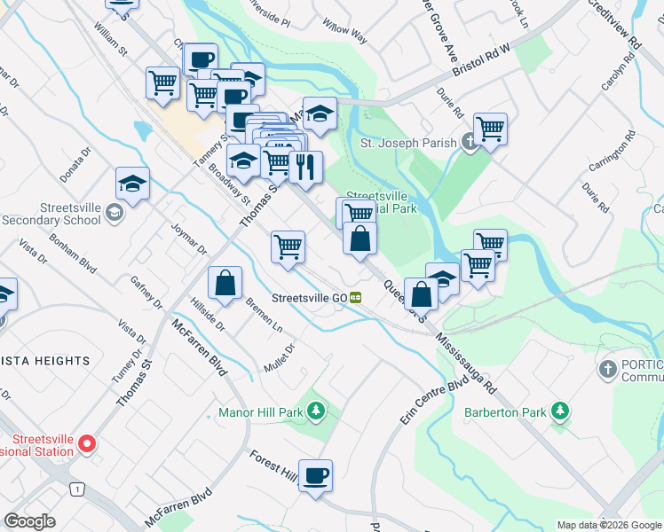map of restaurants, bars, coffee shops, grocery stores, and more near 336 Queen Street South in Mississauga