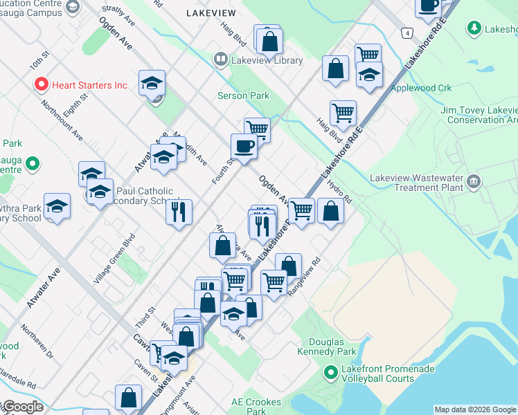 map of restaurants, bars, coffee shops, grocery stores, and more near 1050 Edgeleigh Avenue in Mississauga