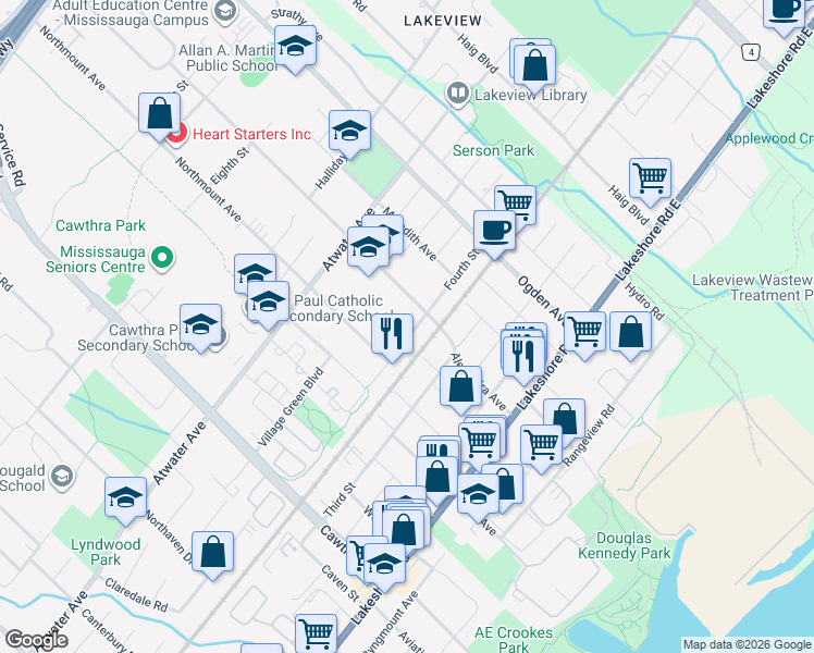 map of restaurants, bars, coffee shops, grocery stores, and more near 907 Fourth Street in Mississauga