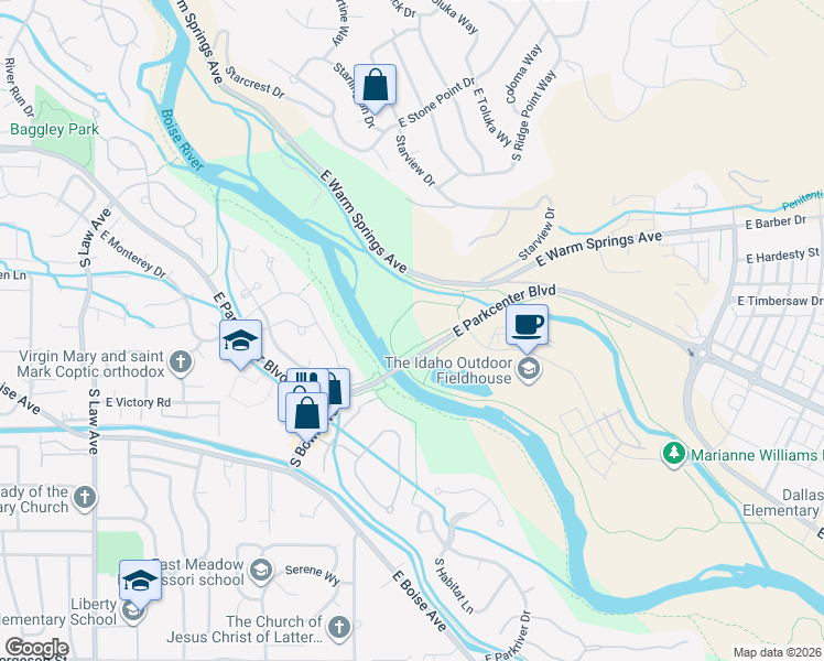 map of restaurants, bars, coffee shops, grocery stores, and more near 2950 East Parkcenter Boulevard in Boise