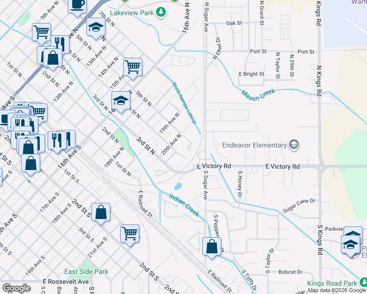 map of restaurants, bars, coffee shops, grocery stores, and more near 2103 4th Street North in Nampa