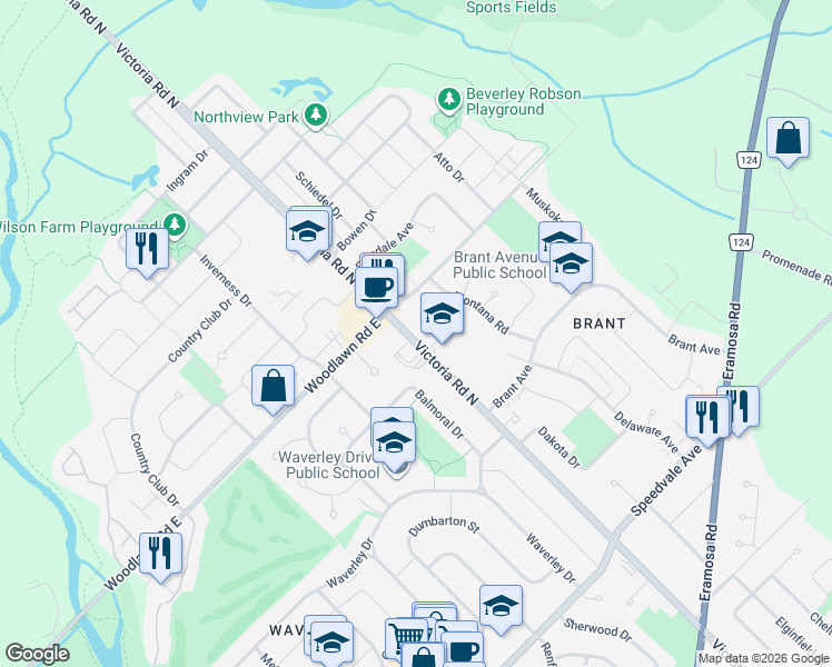 map of restaurants, bars, coffee shops, grocery stores, and more near 400 Victoria Road North in Guelph