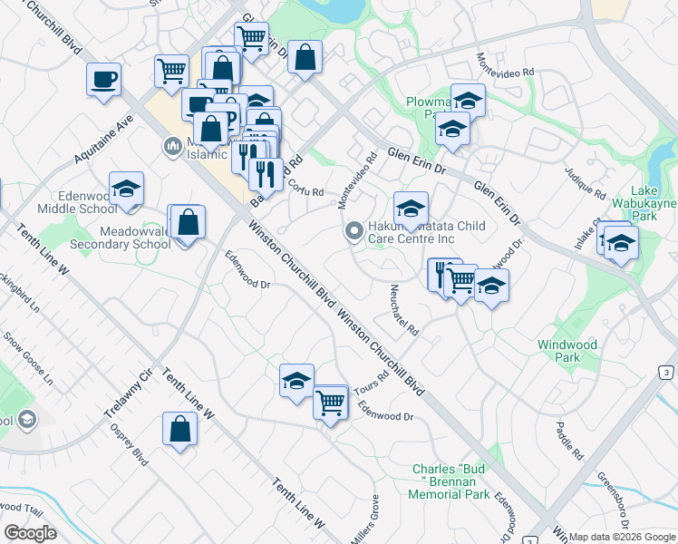 map of restaurants, bars, coffee shops, grocery stores, and more near 6419 Chaumont Crescent in Mississauga