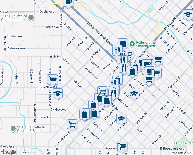 map of restaurants, bars, coffee shops, grocery stores, and more near 9th Avenue South in Nampa