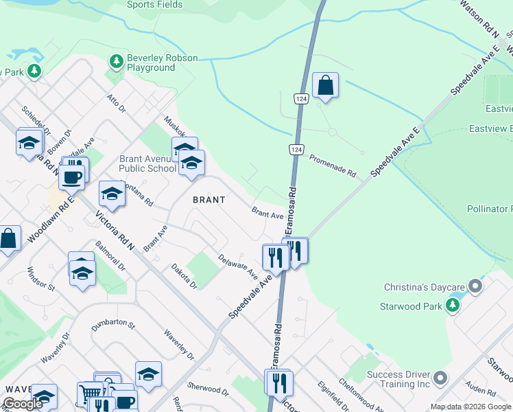 map of restaurants, bars, coffee shops, grocery stores, and more near 7 Uplands Place in Guelph