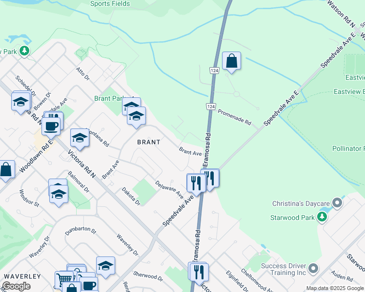 map of restaurants, bars, coffee shops, grocery stores, and more near 3 Shakespeare Drive in Guelph