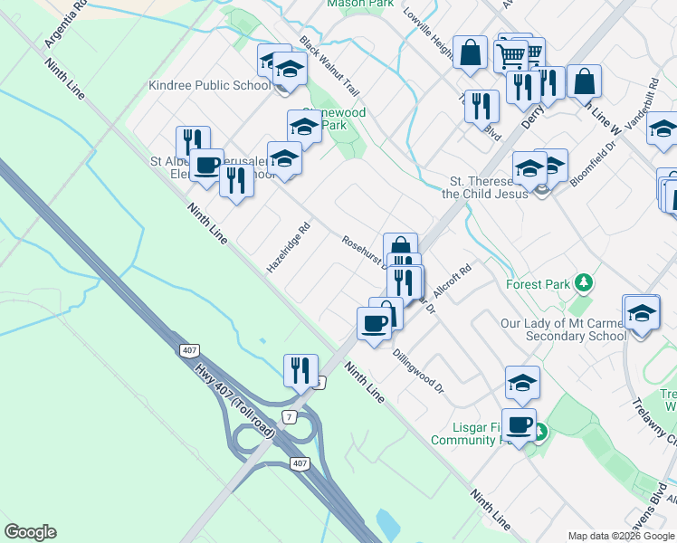 map of restaurants, bars, coffee shops, grocery stores, and more near in Mississauga