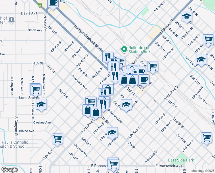 map of restaurants, bars, coffee shops, grocery stores, and more near 503 11th Avenue South in Nampa