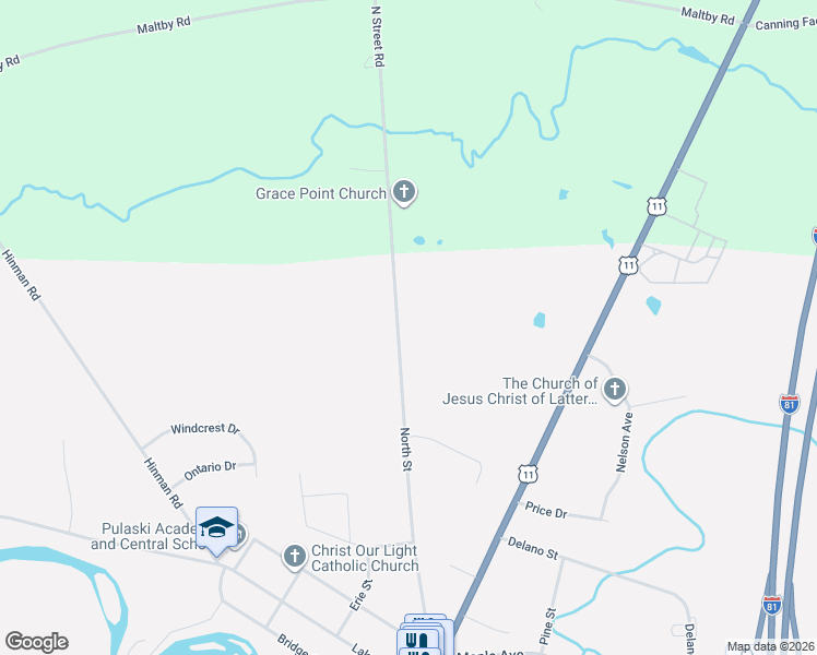 map of restaurants, bars, coffee shops, grocery stores, and more near 104 North Street in Pulaski