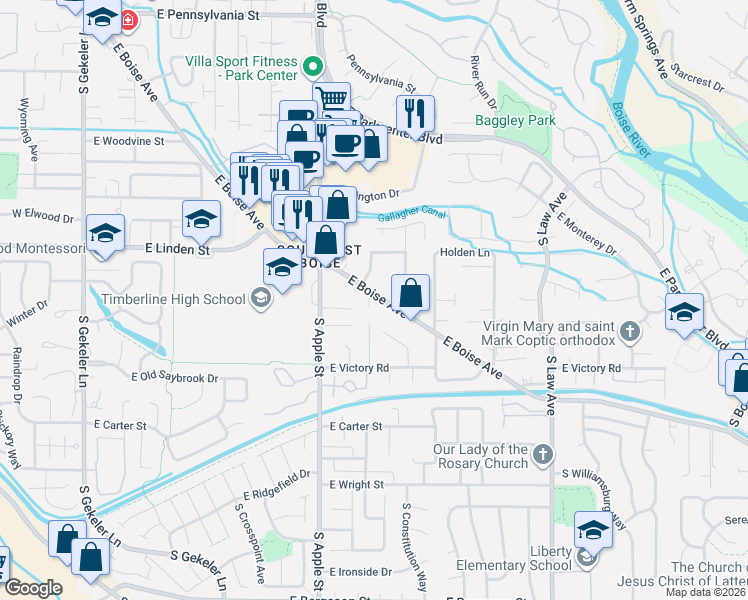 map of restaurants, bars, coffee shops, grocery stores, and more near 2808 South Montevista Drive in Boise